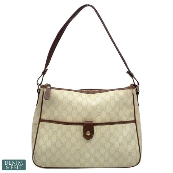 Gucci Vintage GG Monogram Beige Canvas Shoulder Bag Brown Leather Trim Purse - Picture 1 of 16
